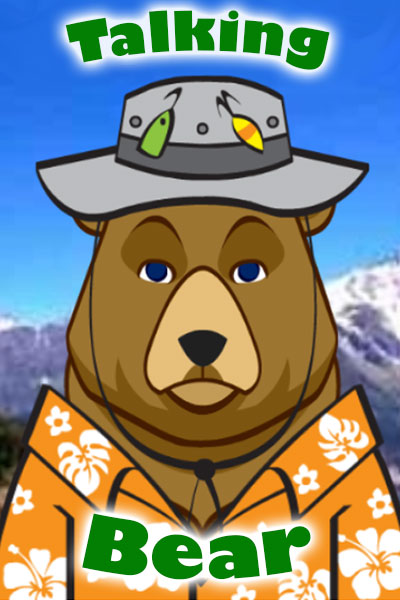 A large brown bear, wearing a Hawaiian shirt, and a bucket hat with fishing lures on it.