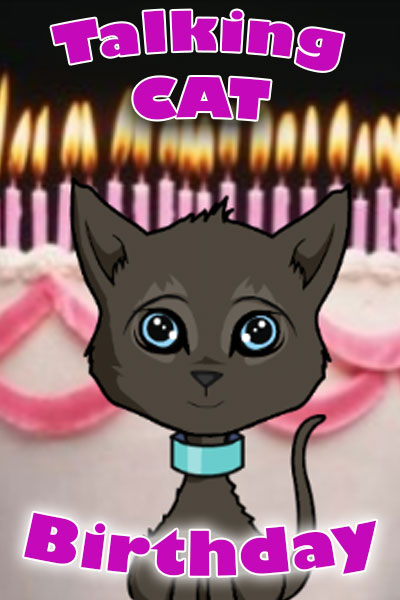 A smiling black cat with a birthday cake decorated with a line of lit candles behind it.