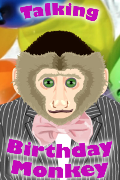 A cartoon image of a Capuchin monkey in a pinstripe suit, and pink bow tie.