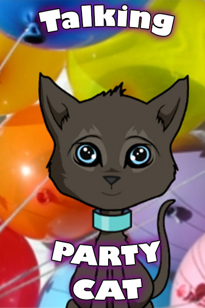 A smiling black cat with lots of colorful birthday balloons in the background. 