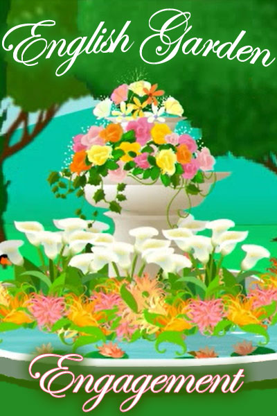 A charming fountain in a wooded clearing. The fountain is full of lush, colorful flowers, and trailing green vines.