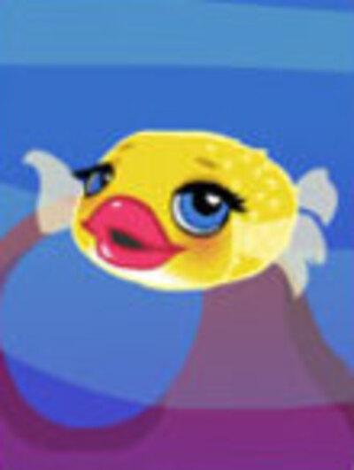 A yellow fish, with flowing fins, and big red lips.