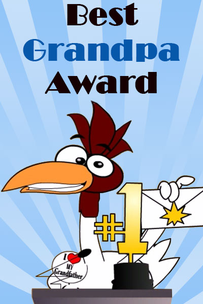 A cartoon chicken stands at the podium of an awards show, holding a sealed envelope, and wearing a pin that says I Heart My Grandfather. On the podium in front of the chicken is a #1 trophy. Best Grandpa Award is written above the chicken's head. 