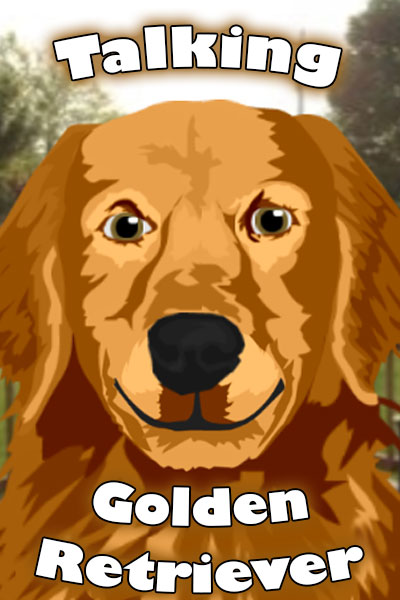 An illustrated golden retriever, looking happily at the viewer.