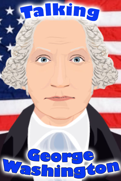 An illustrated image of George Washington, with an American flag behind him.