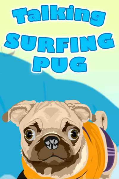 An illustrated ecard featuring a pug in a wetsuit on a surfboard.