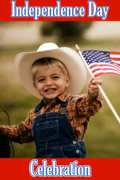 A child in a cowboy hay smiles at the camera, and waves an American flag.