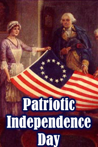 Betsy Ross and George Washington both examine the new America flag Betsy has sewn.