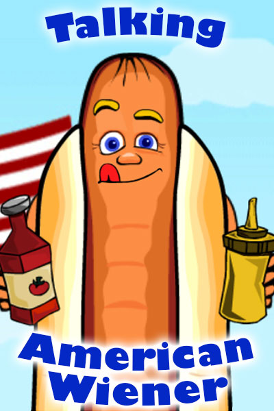 A hot dog makes a silly face. He's holding a bottle of ketchup in one hand, and a bottle of mustard in the other.