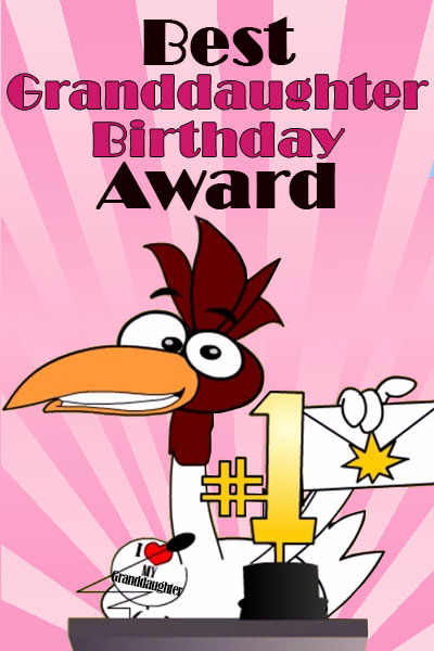 A cartoon chicken stands at the podium of an awards show, holding a sealed envelope, and wearing a pin that says I Heart My Granddaughter. On the podium in front of the chicken is a #1 trophy. 