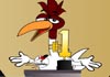 A chicken stands at the podium of an awards show, with a large, gold #1 trophy in front of it.
