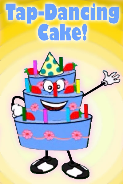 A multi-tiered, cartoon cake decorated with flowers, and candles. The cake is wearing tap shoes, smiling, waving at the viewer, and wearing a festive party hat. The title of the ecard is written at the top of the thumbnail: Tap Dancing Cake!