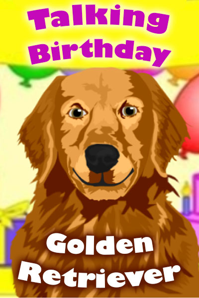 A golden retriever smiles at the viewer. There are balloons and presents behind the pup.