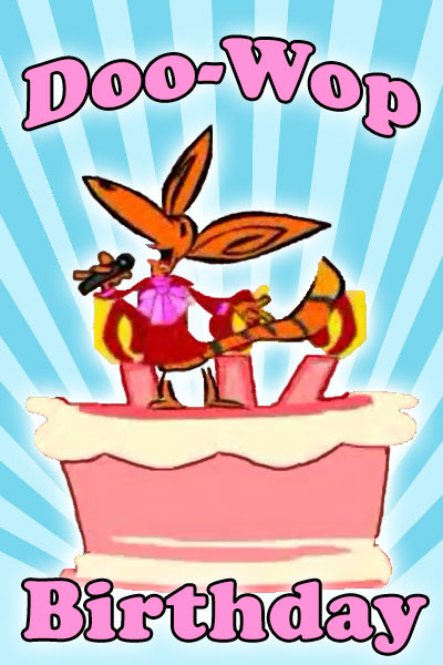 A cartoon fox stands on a huge birthday cake, and belts out a birthday song.