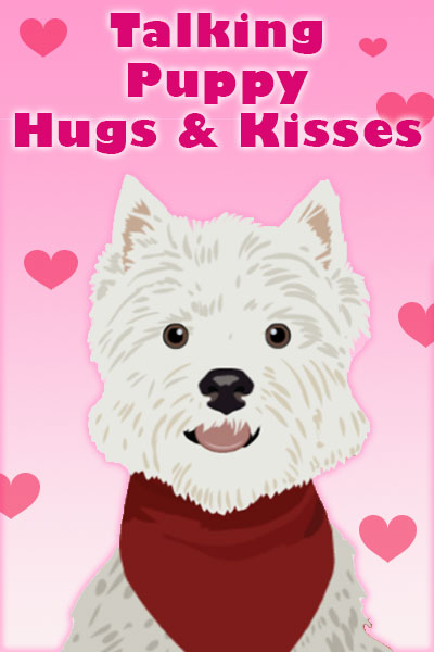 A Westie with a red bandanna. There are hearts in the background.