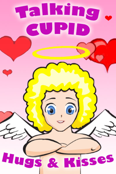 A cupid with fluffy blonde hair, and his arms crossed in front of his chest. 
