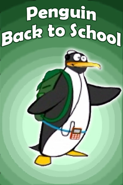 A penguin wearing a backpack and headphones is ready to go to school.