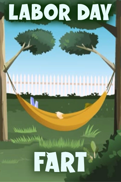 A cozy little backyard with a hammock strung up between two trees. The hammock is deep, and the person in it is barely visible. There are feet, hands, and the brim of a sun hat visible over the edge of the hammock.