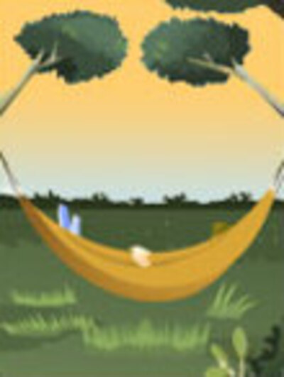 A hammock is tied between two trees. Someone longes in the hammock, but all the viewer is able to see are the person's hands and feet.