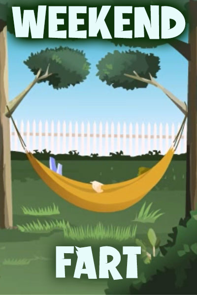 A hammock is tied between two trees. Someone longes in the hammock, but all the viewer is able to see are the person's hands and feet.