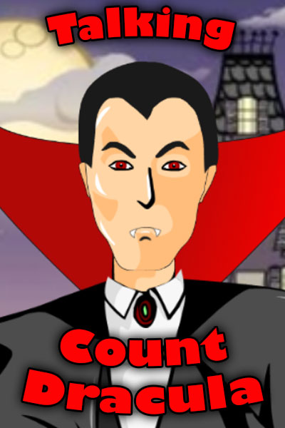 A pale man with red eyes, a grey suit, and a cloak with a dramatically high collar.