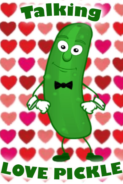 a pickle wearing a bowtie, with hearts surrounding him.