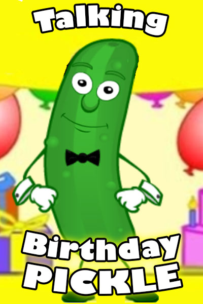 A cartoon pickle at a birthday party. It is wearing a bow tie, and has its hands on its hips. Talking Birthday Pickle appears in the foreground.