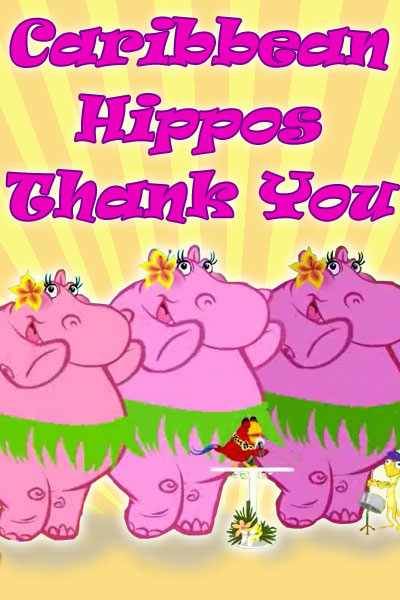 Three hippos in hula skirts dance, while a parrot band plays instruments in front of them.
