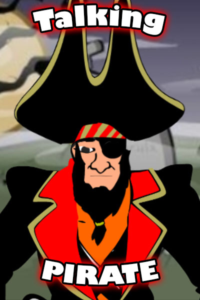 A pirate in a large hat, and red coat, wearing an eye patch, and striped bandanna.