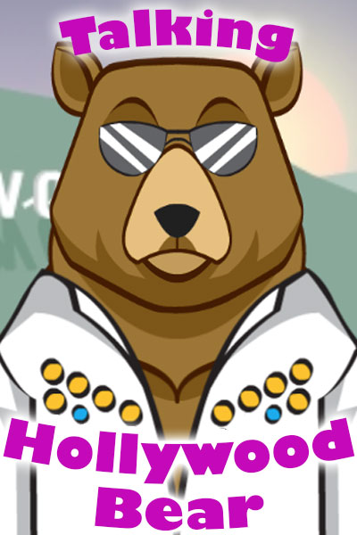 A bear wearing aviator sunglasses, and a white jacket with colorful gemstone embellishments.