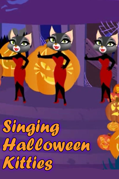 A trio of black cats wearing seductive red dresses, and high heels, dance among a bunch of pumpkins and jack o' lanterns.