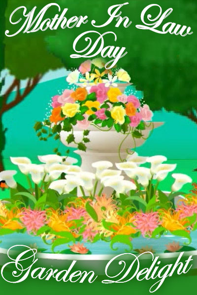 A beautiful fountain sits in the middle of a glade. It is full of lily pads, roses, and other colorful flowers.The ecard title English Garden Birthday is written around it.