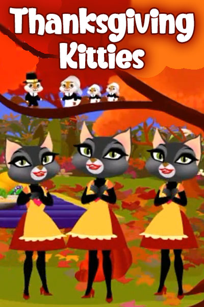 Three kitties in red and orange dresses sing and dance in a wooded clearing. 