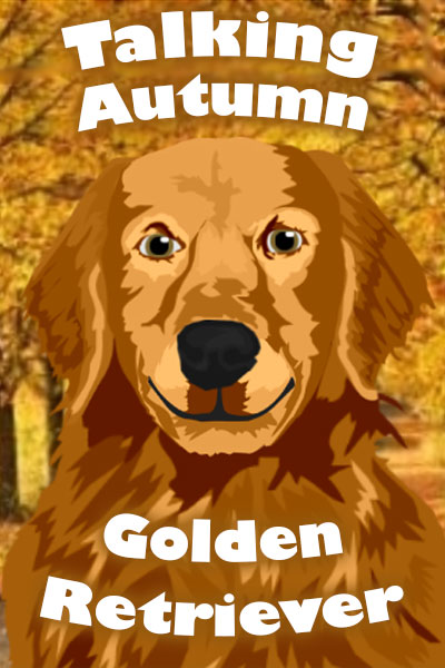 A golden retriever smiles peacefully at the viewer. There are trees full of autumn foliage in the background.