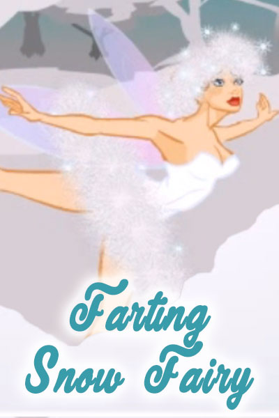 An illustration of a woman with fairy wings. She is wearing a white bodice, and a fluffy white tutu. She is wearing a hat made of the same white fluff as her tutu. The words Farting Snow Fairy are at the bottom of the image.