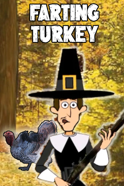A pilgrim holding a rifle is in the foreground, with a turkey running around in the background. 