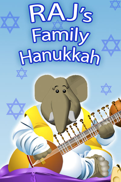 An elephant in yellow and white robes sits on a pillow. He is playing the sitar.