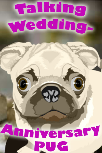 A pug poses next to a wedding cake.