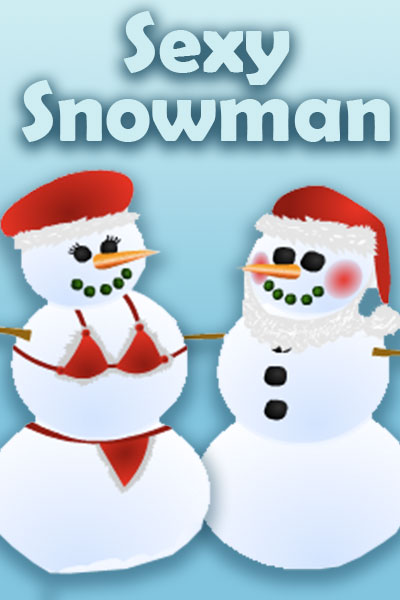 Two cartoon snowmen. On the left is a female snowman, wearing a string bikini. The males snowman, on the right, smiles and blushes. Sexy Snowman is written above them.