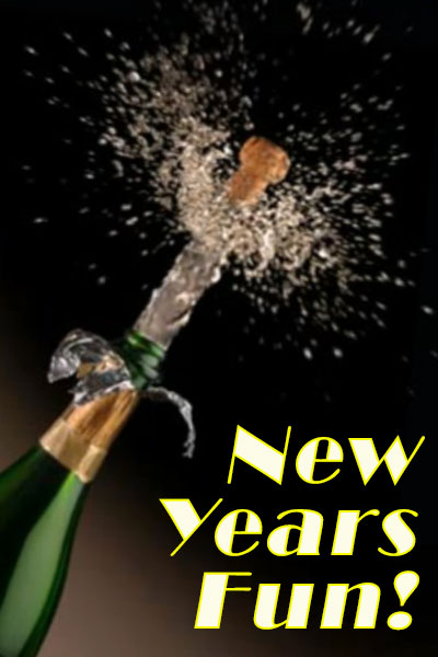 A freshly-opened bottle of champagne, where the champagne is exploding from the bottle, propelling the cork along with it. New Years Fun is written below the bottle.
