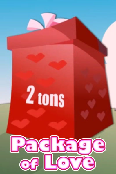 A gigantic red present covered with hearts, and labeled '2 tons.'