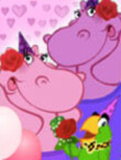 A pair of lady hippos accept a rose from a green parrot.