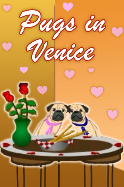 Two pugs sit at a table set with a bowl of bread sticks, and a vase of roses. The doggies lean together romantically.