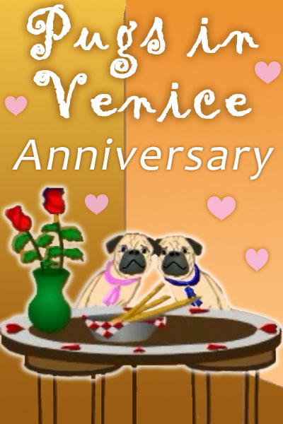 Two pugs sit at a table set with a bowl of bread sticks, and a vase of roses. The doggies lean together romantically.