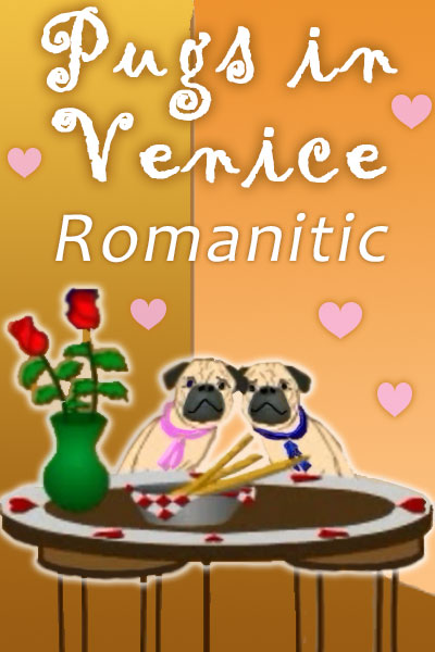 Two pugs sit at a table set with a bowl of bread sticks, and a vase of roses. The doggies lean together romantically.