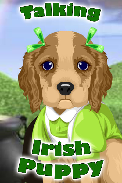 A spaniel dog wearing a green dress and white apron, sits next to a pot of gold with a rainbow coming out of it.