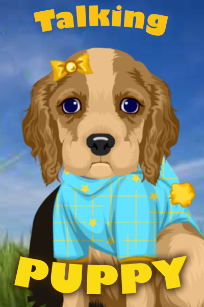 A cocker spaniel puppy looks at the viewer. It's wearing a blue shirt, and yellow bows in its fur.