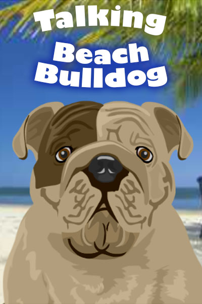 An English bulldog with a tropical beach behind him.