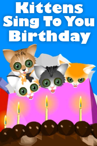 Four adorable, wide-eyed kittens lean out of a pink present to blow out the candles on a birthday cake.