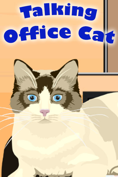A cute, animated kitty, sitting on a desk in an office. 